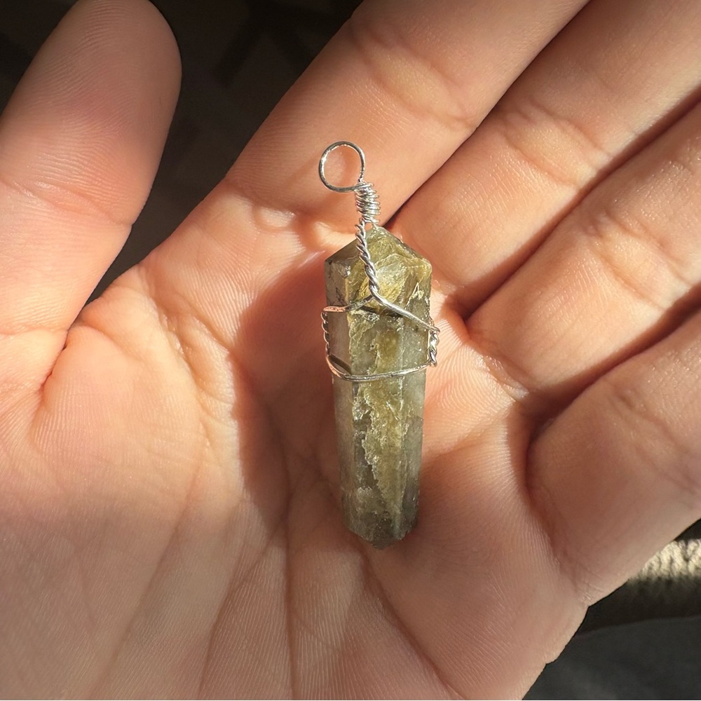Green Flame Pendant | Vesuvianite Crystal Necklace | Silver Wrap Healing Stone - Picture 3 of 5